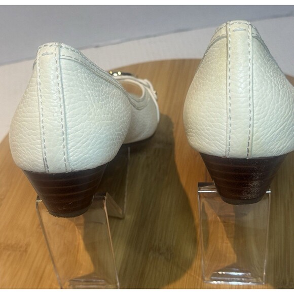 Tory Burch Leticia Peep Toe Low Wedge Ivory Gold Logo Size 7.5M Shoe - Picture 5 of 6